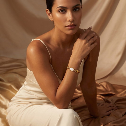 Luxury Oval Opal Link Bracelet in Gold | Elegant Czech Opal Stainless Steel Bracelet