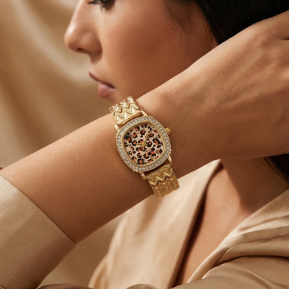 Luxury Leopard Dial Crystal Bezel Bracelet Watch | Elegant Gold Statement Timepiece with Textured Band