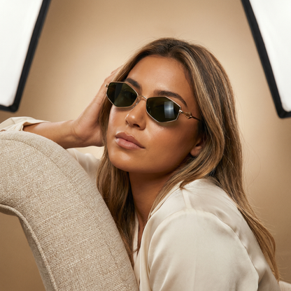 Luxury Geometric Rimless Sunglasses in Gold with Black, Green, Brown, Pink & Gradient Lenses | Elegant Minimalist Designer Eyewear