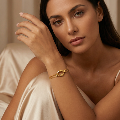 Minimalist Gold Double Chain Bracelet with Oval Link Charm | Elegant Layered Bracelet for Everyday Style