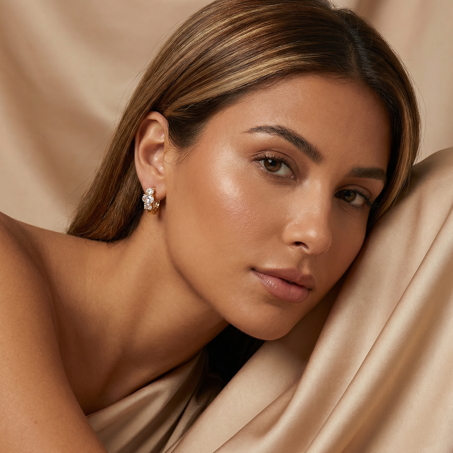 Elegant Crystal Trio Hoop Earrings in Gold | Minimal Sparkle Huggie Design