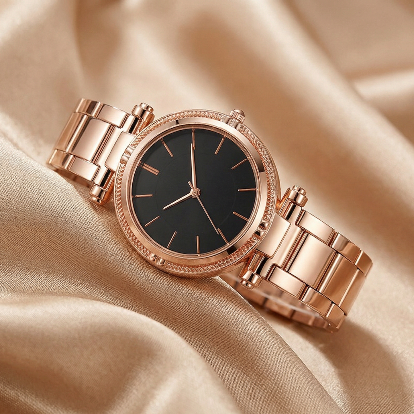Luxury Rose Gold Bracelet Watch with Textured Bezel | Elegant Minimalist Women’s Timepiece in Black & White