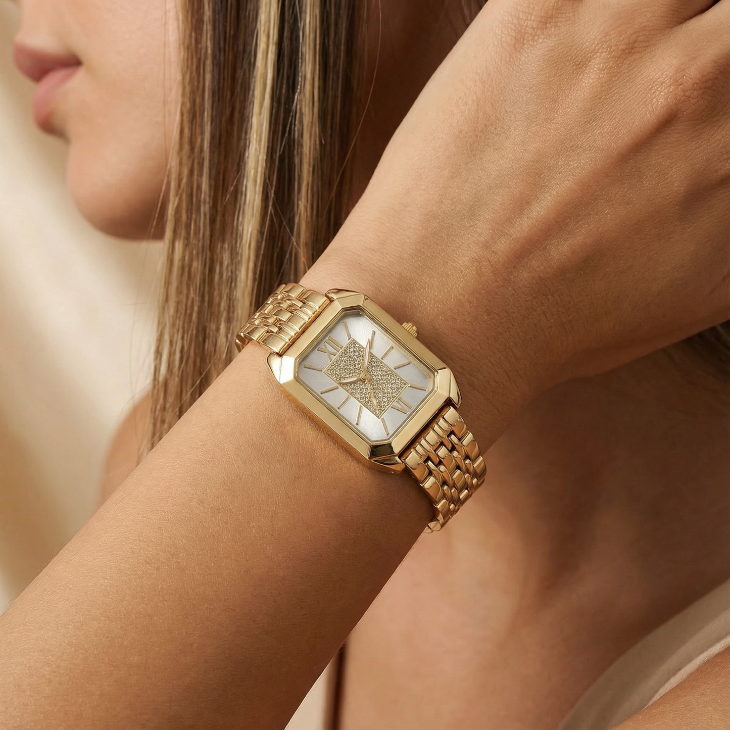 Gold Rectangular Watch for Women | Stainless Steel Bracelet Watch | Black Green White Dial Options | Modern Fashion Timepiece