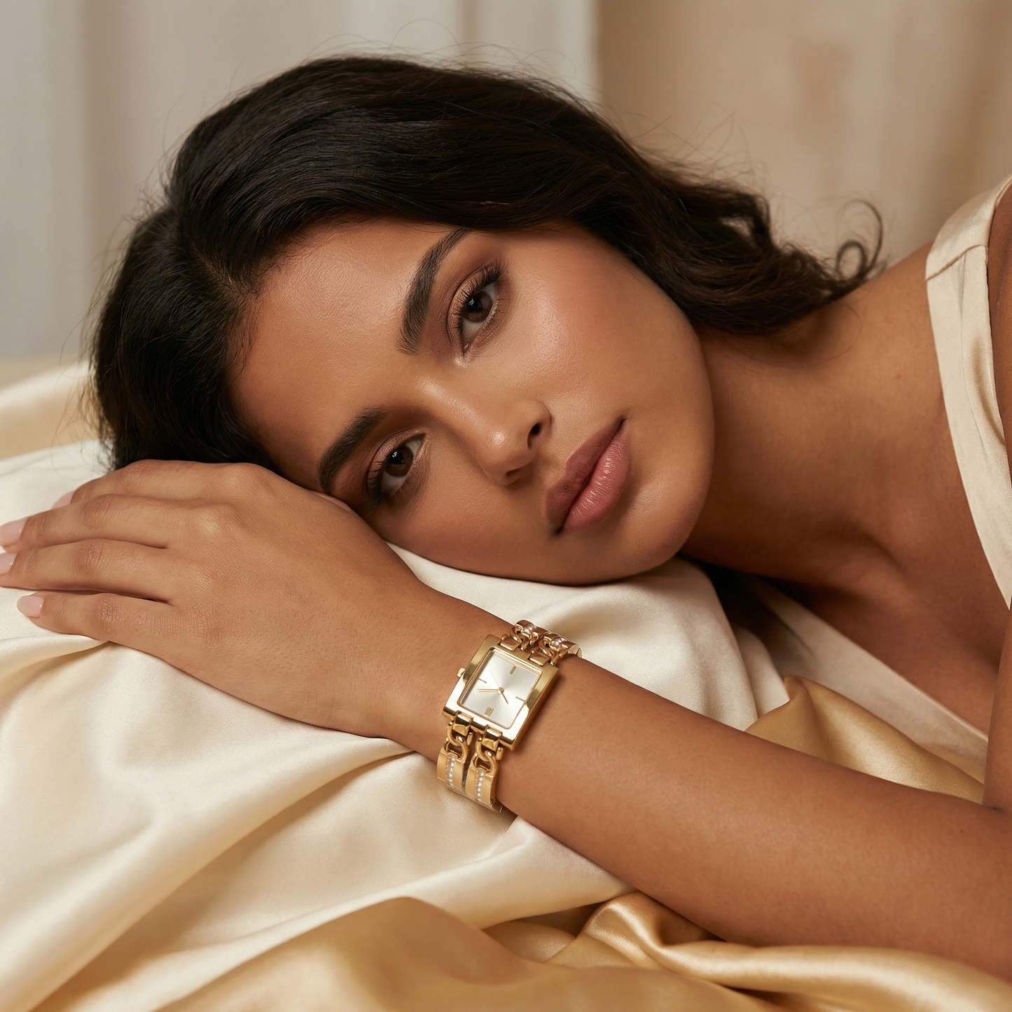 Luxury Gold Rectangular Bracelet Watch with Crystal-Link Design | Elegant Statement Dress Watch in Black, Gold & Champagne