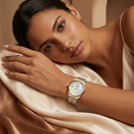 Luxury Two-Tone Automatic Roman Dial Watch with Date Display | Classic Gold & Silver Statement Timepiece in White, Champagne & Black