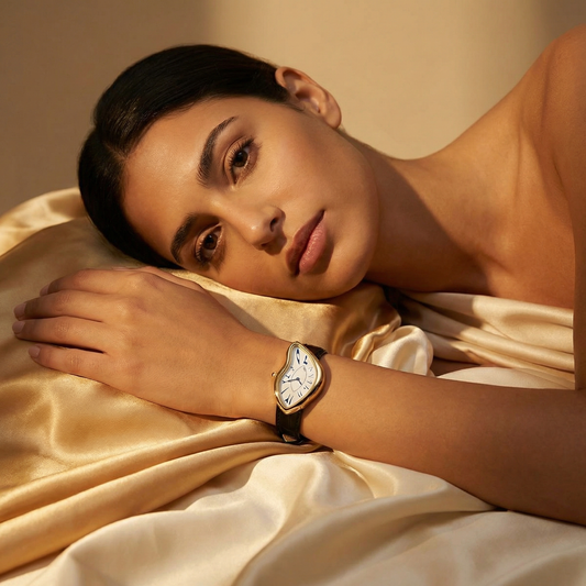 Abstract Melt Dial Watch in Gold & Silver | Artistic Asymmetrical Statement Timepiece with Leather Strap