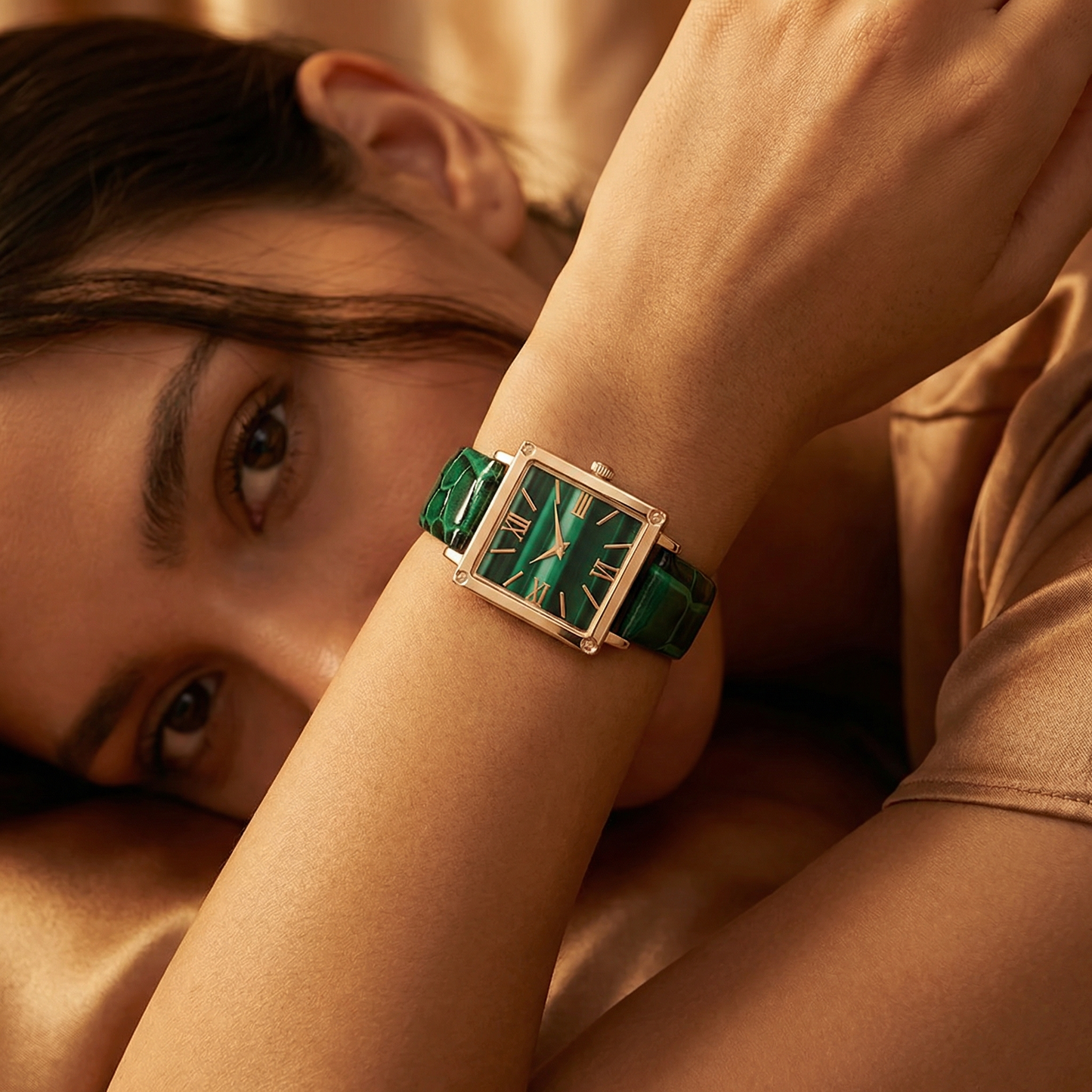 Elegant Square Dial Watch in Green and Rose Gold | Refined Statement Timepiece for Timeless Style