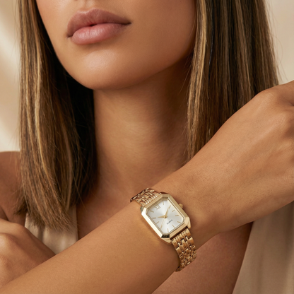 Gold Square Watch for Women | Stainless Steel Bracelet Watch | White & Pink Dial Options | Modern Fashion Timepiece