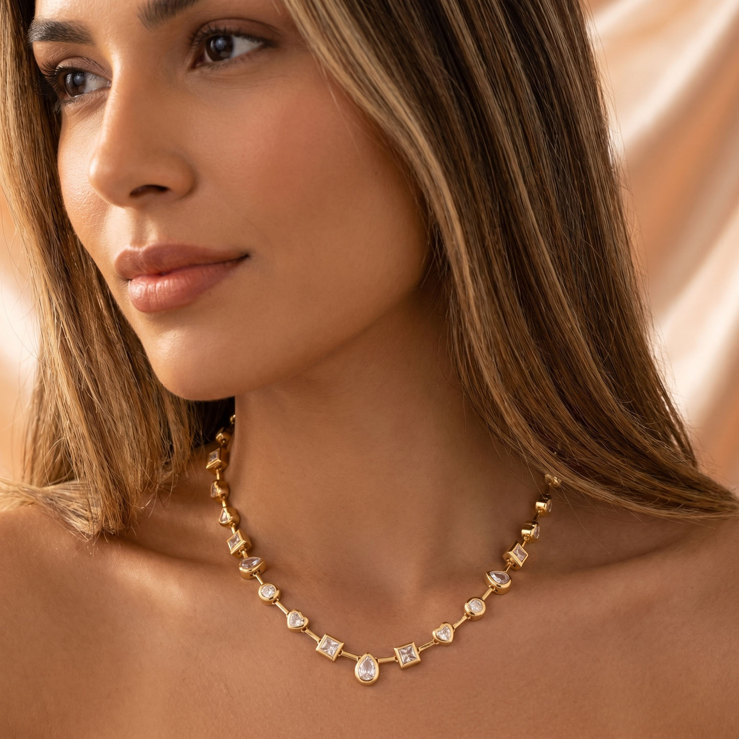 Geometric Crystal Necklace in Gold | Elegant Mixed-Cut Design