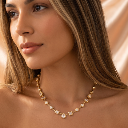 Geometric Crystal Necklace in Gold | Elegant Mixed-Cut Design