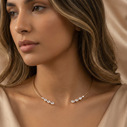 Minimalist Crystal Open Choker Necklace in Gold | Elegant Floating Stone Design