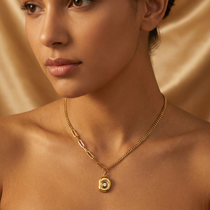 Modern Gold Oval Pendant Necklace with Crystal Detail | Minimalist Chain Necklace for Everyday Elegance