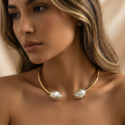 Minimalist Open Pearl Choker Necklace in Gold & Silver | Modern Statement Design