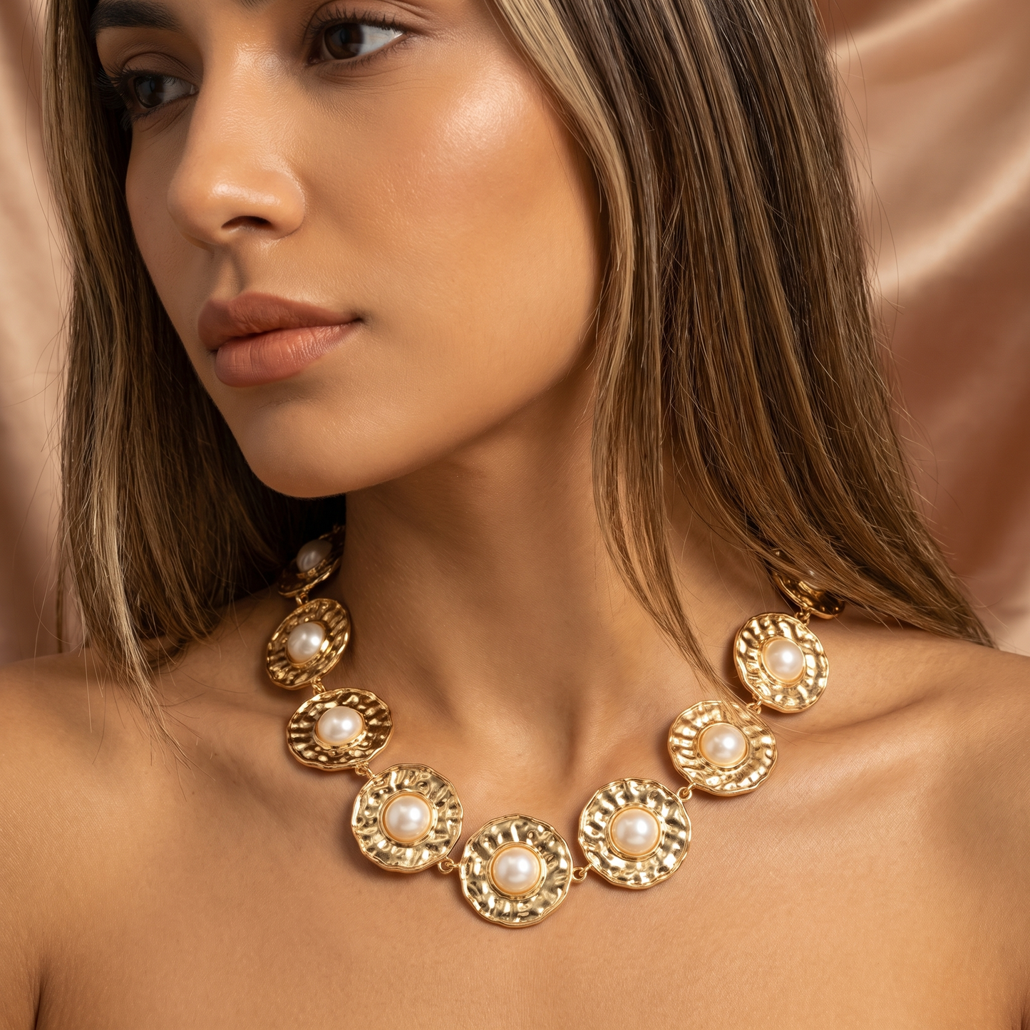 Vintage Pearl Disc Necklace in Gold | Textured Statement Design