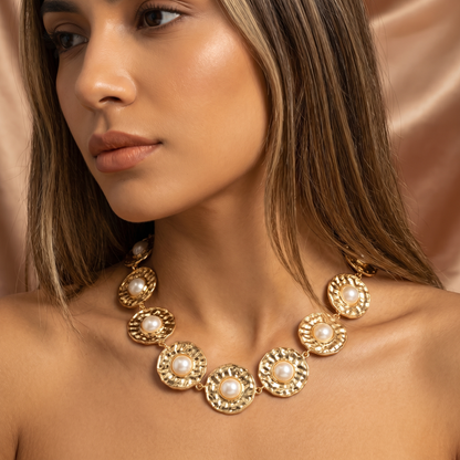 Vintage Pearl Disc Necklace in Gold | Textured Statement Design