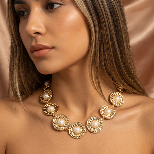 Vintage Pearl Disc Necklace in Gold | Textured Statement Design