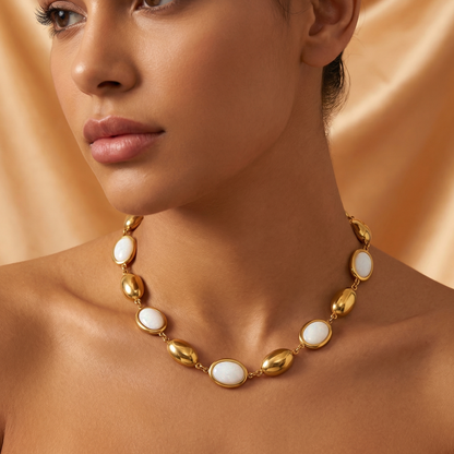 Luxury Oval Opal Link Necklace in Gold | Elegant Stainless Steel Statement Necklace with Czech Opal Stones