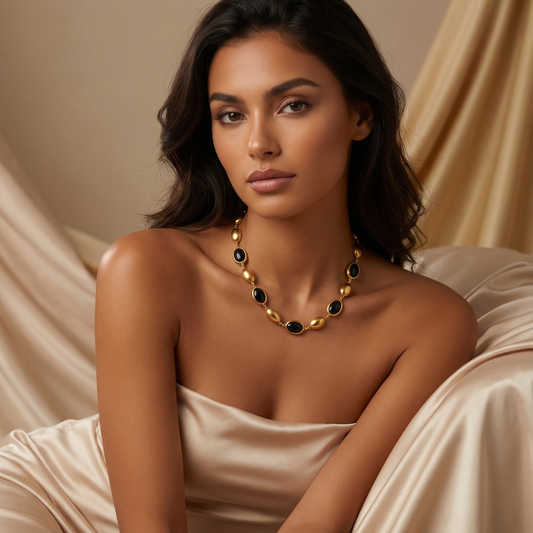 Luxury Oval Opal Link Necklace in Gold | Elegant Stainless Steel Statement Necklace with Czech Opal Stones