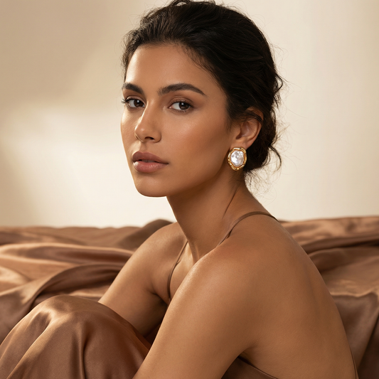 Organic Pearl Stud Earrings with Gold Frame | Modern Sculpted Statement Jewelry