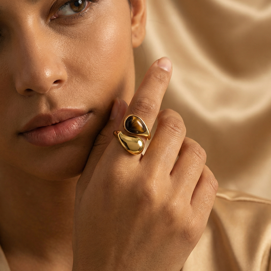 Luxury Sculptural Gold Open Ring with Natural Stone Accent | Modern Organic Statement Ring in Brown Stone or Pearl