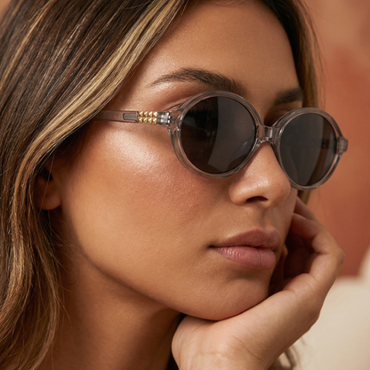 Luxury Oval Statement Sunglasses in Transparent Brown & Clear Grey | Elegant Retro Eyewear with Tinted Lenses