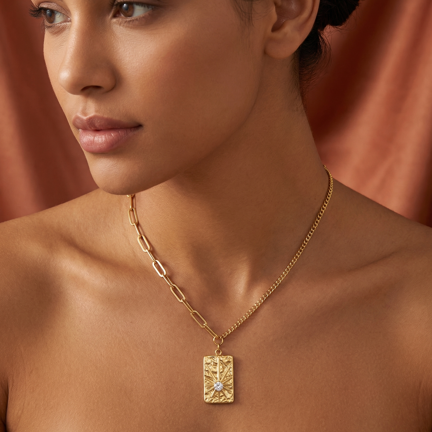 Luxury Sunburst Pendant Necklace in Gold | Elegant Textured Statement Chain Necklace