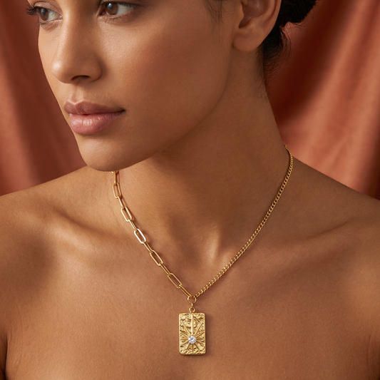 Luxury Sunburst Pendant Necklace in Gold | Elegant Textured Statement Chain Necklace