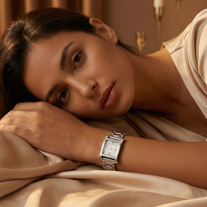 Luxury Square Silver Bracelet Watch with Minimal Dial | Elegant Polished Statement Timepiece in Black & White