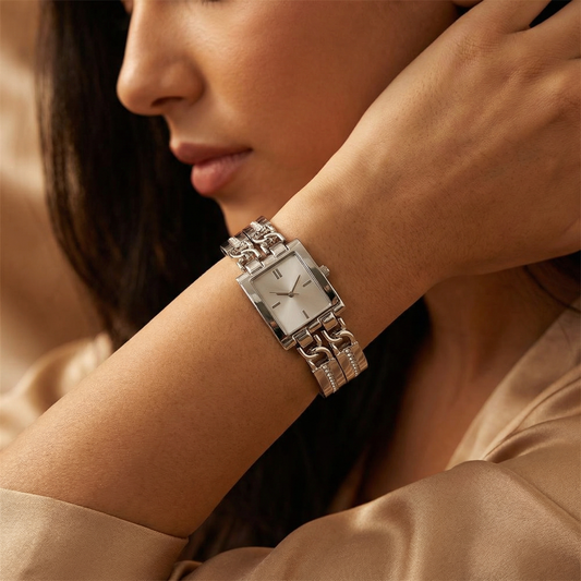 Luxury Silver Rectangular Bracelet Watch with Crystal-Link Design | Elegant Polished Statement Watch in Black & Silver
