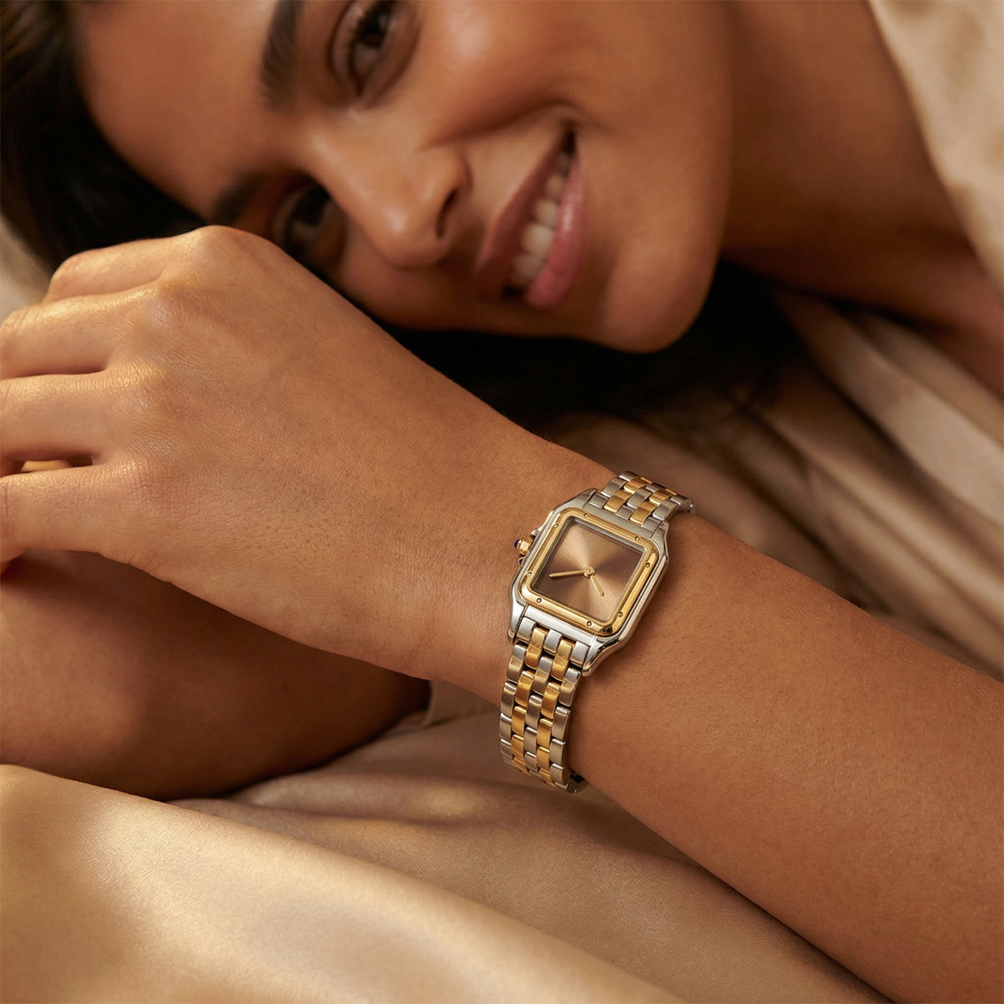 Luxury Square Two-Tone Women’s Bracelet Watch with Sunburst Dial | Elegant Silver & Gold Dress Watch in Black, Rose & Champagne