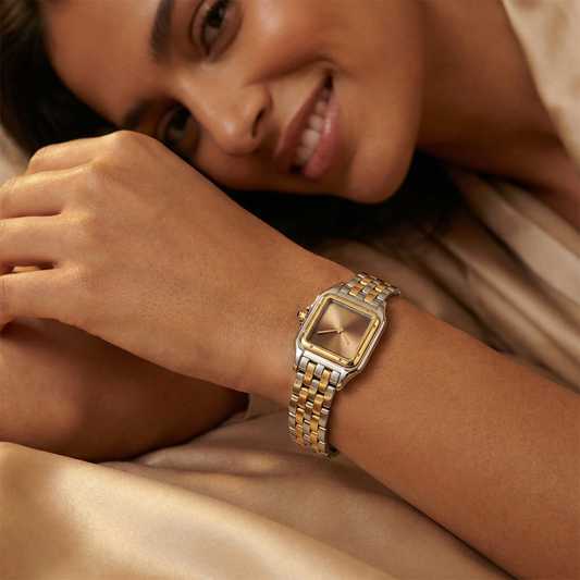 Luxury Square Two-Tone Women’s Bracelet Watch with Sunburst Dial | Elegant Silver & Gold Dress Watch in Black, Rose & Champagne
