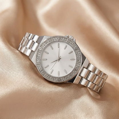 Luxury Crystal Bezel Bracelet Watch with Minimalist Dial | Elegant Women’s Dress Watch in Rose Gold, Gold & Silver