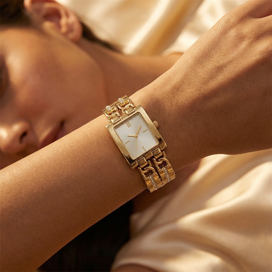 Luxury Gold Rectangular Bracelet Watch with Crystal-Link Design | Elegant Statement Dress Watch in Black, Gold & Champagne