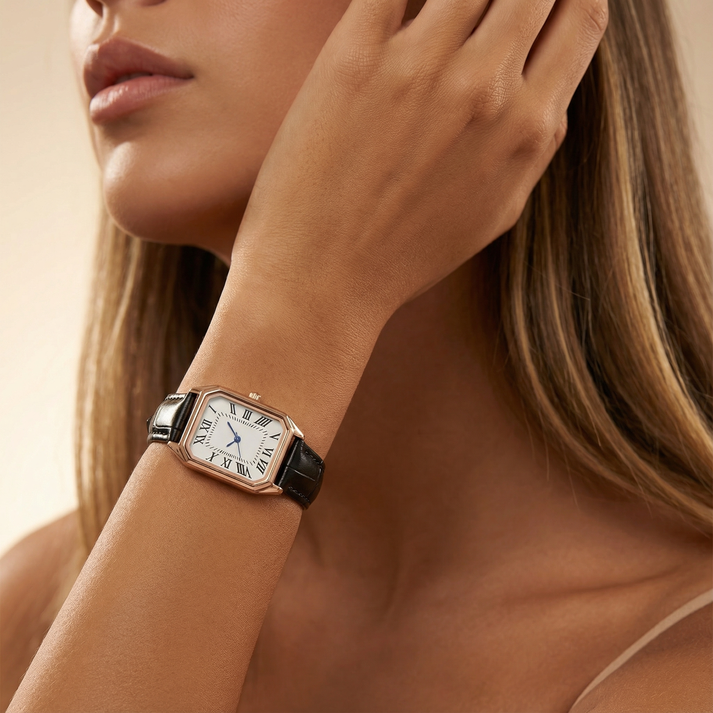 Rose Gold Rectangular Watch for Women | Leather Strap Timepiece | Green Black Red Brown Options | Timeless Elegant Accessory