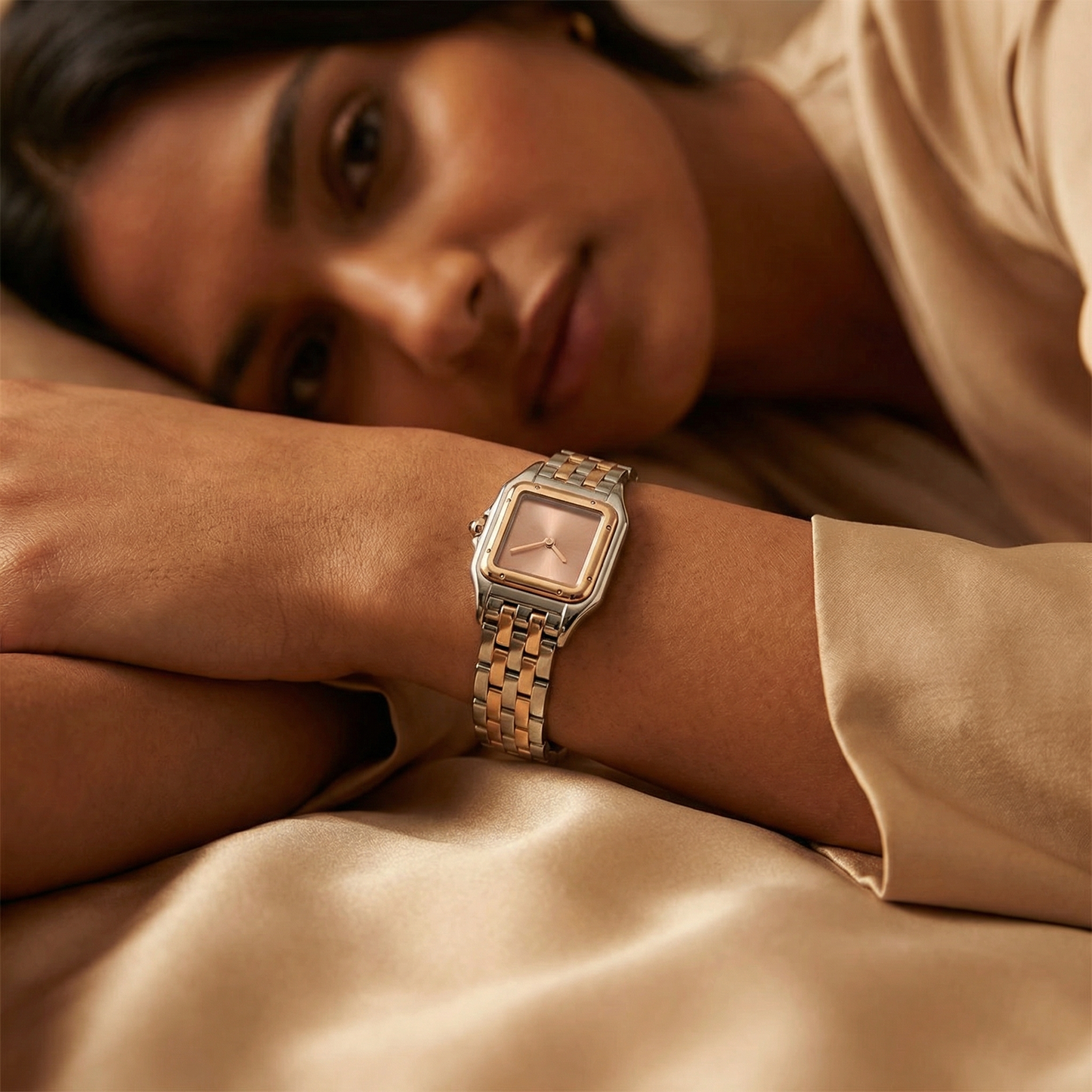 Luxury Square Two-Tone Women’s Bracelet Watch with Sunburst Dial | Elegant Silver & Gold Dress Watch in Black, Rose & Champagne