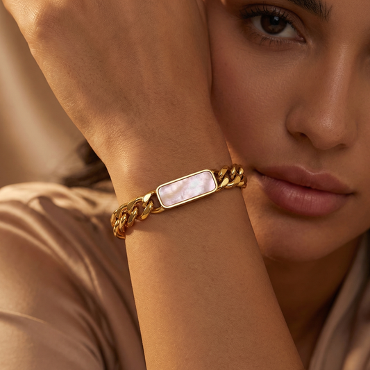 Luxury Gold Cuban Chain Bracelet with Pearl Bar | Elegant Adjustable Statement Jewellery for Women