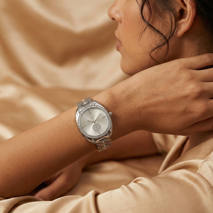 Crystal Dial Bracelet Watch with Polished Metal Link Band | Elegant Statement Timepiece