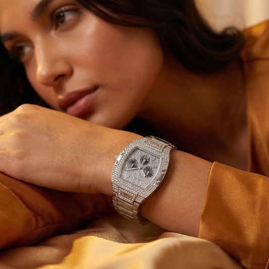 Luxury Diamond Tonneau Skeleton Watch in Gold & Silver | Full Crystal Iced Statement Timepiece