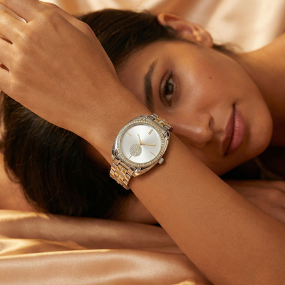 Crystal Dial Bracelet Watch with Polished Metal Link Band | Elegant Statement Timepiece