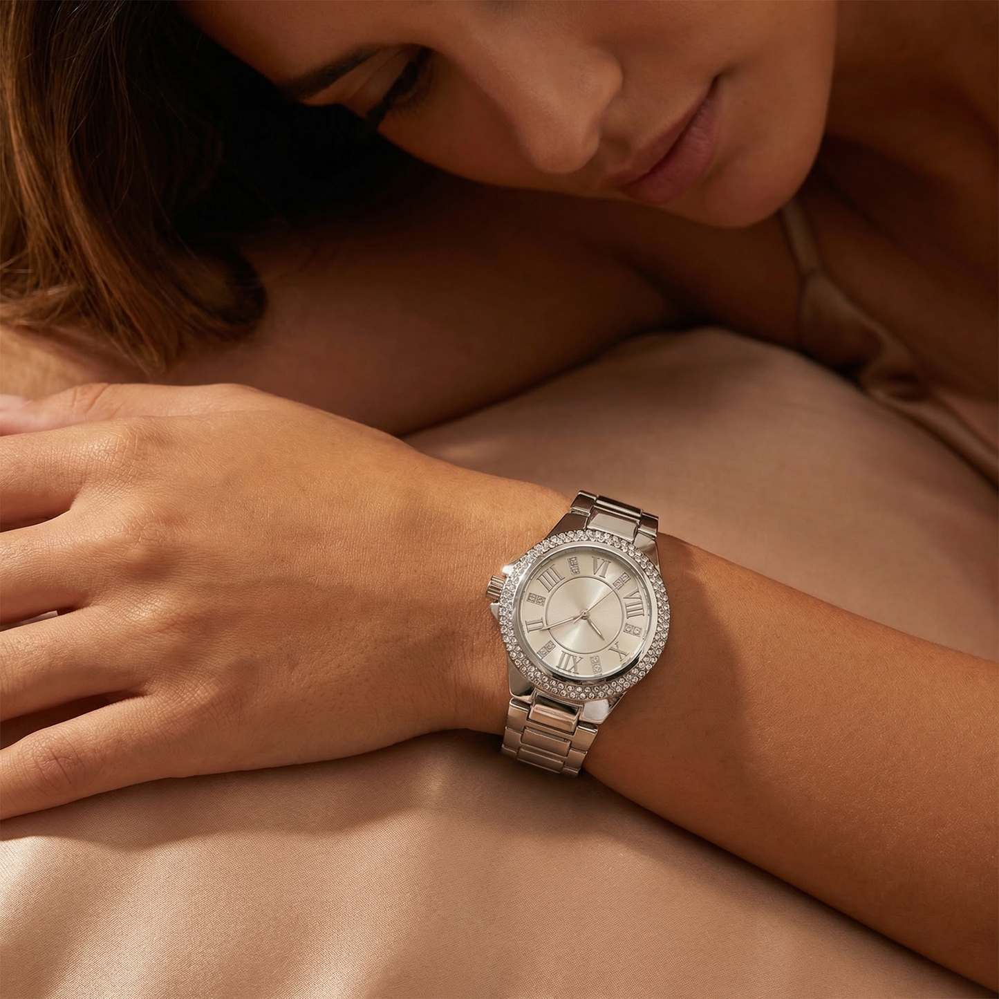 Luxury Roman Crystal Dial Watch in Gold, Silver & Rose Gold | Elegant Diamond Bezel Bracelet Watch