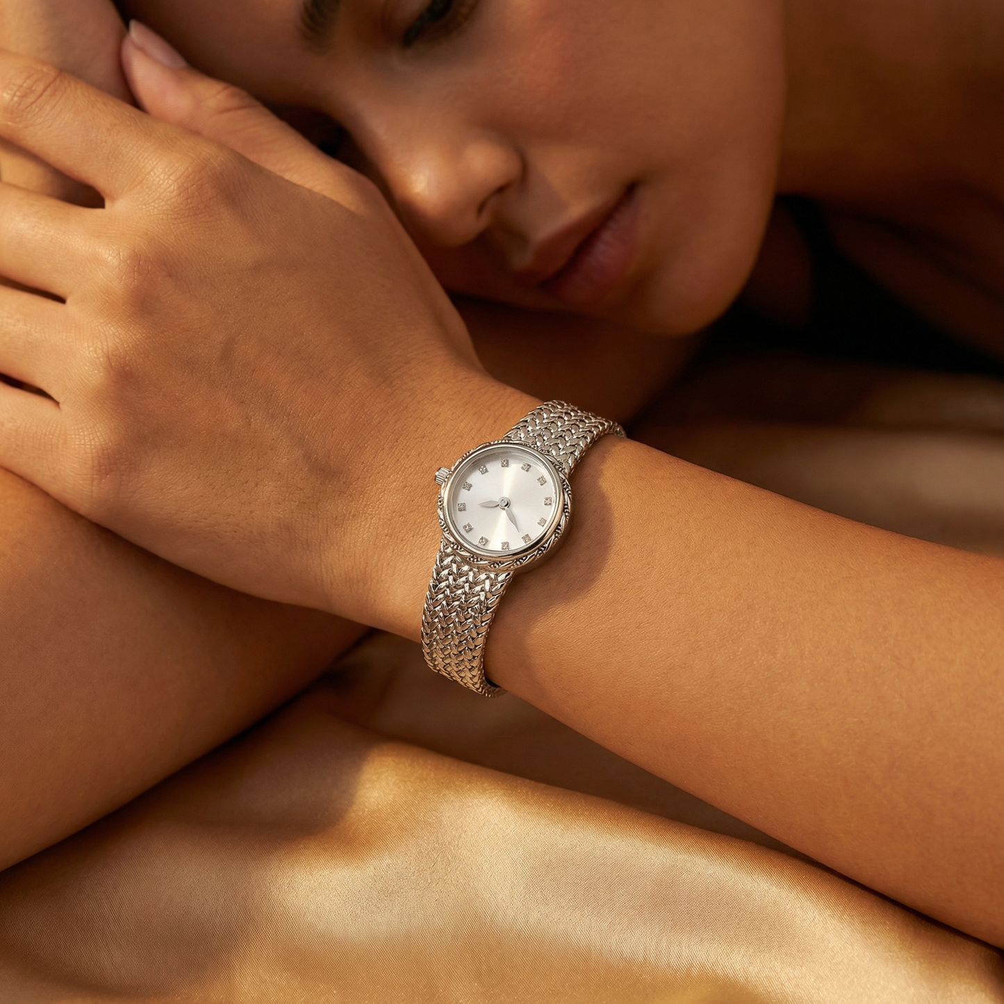 Luxury Mini Diamond Dial Watch in Gold & Silver | Elegant Woven Bracelet Timepiece for Everyday & Evening Style