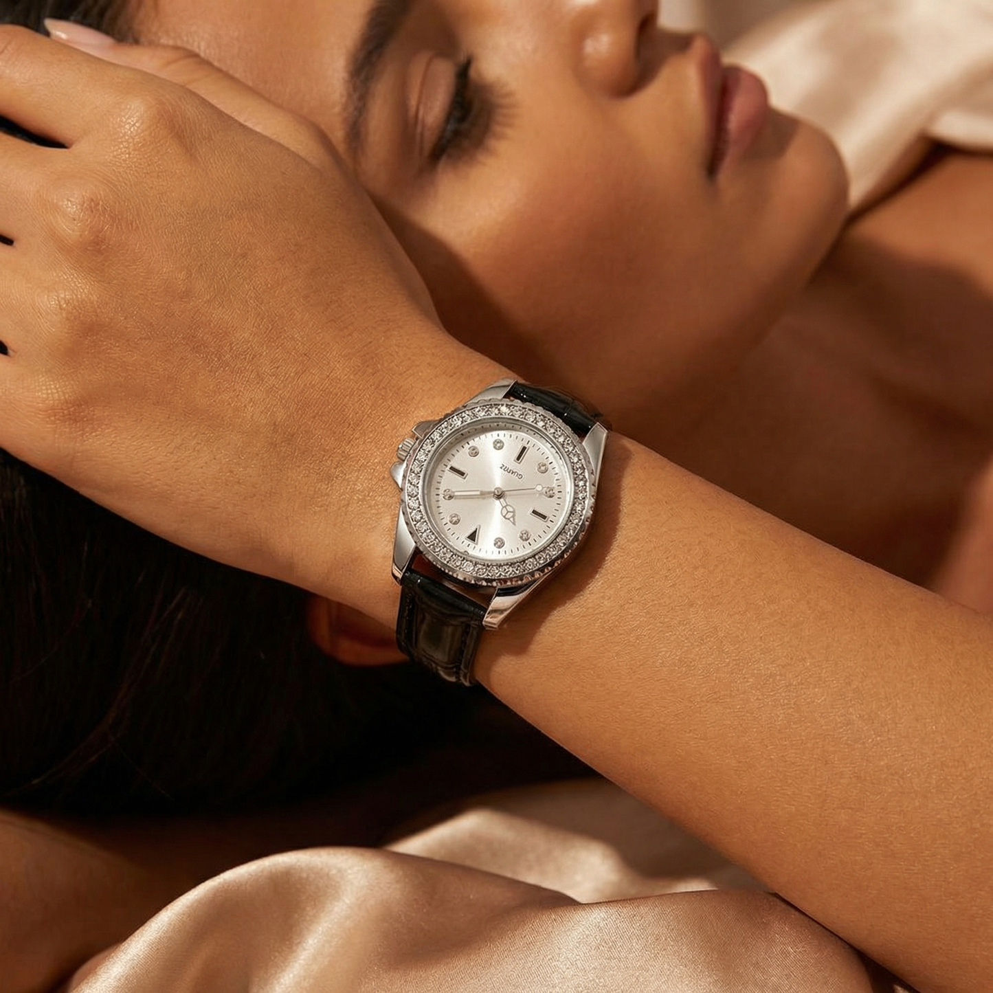 Crystal Bezel Watch with Colored Dial and Croc-Texture Strap | Elegant Silver Case Timepiece