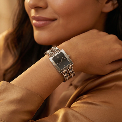 Luxury Silver Rectangular Bracelet Watch with Crystal-Link Design | Elegant Polished Statement Watch in Black & Silver