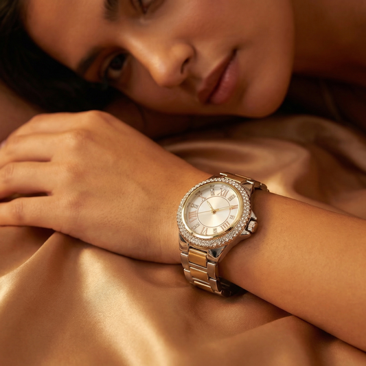 Luxury Crystal Roman Dial Bracelet Watch in Gold & Rose Gold | Elegant Diamond Bezel Women's Timepiece
