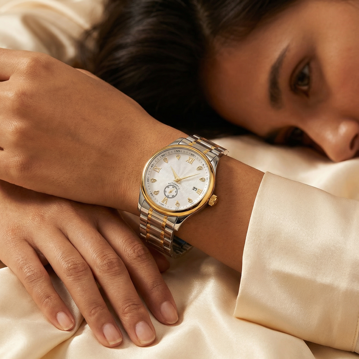 Luxury Two-Tone Automatic Roman Dial Watch with Date Display | Classic Gold & Silver Statement Timepiece in White, Champagne & Black