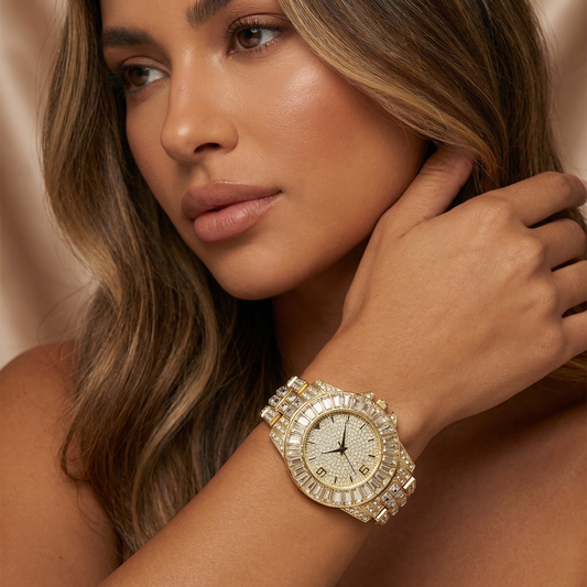Luxury Crystal Statement Watch in Gold, Rose Gold & Silver | Full Diamond Dial Timepiece