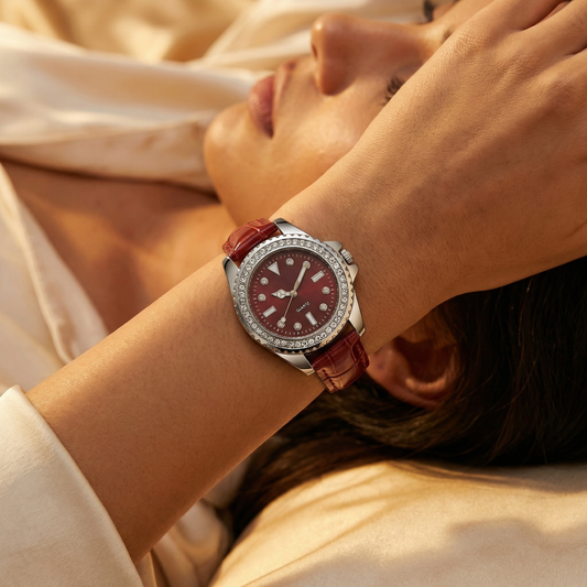 Crystal Bezel Watch with Colored Dial and Croc-Texture Strap | Elegant Silver Case Timepiece