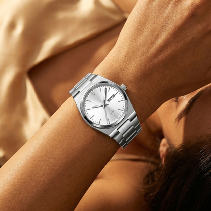 Luxury Stainless Steel Day-Date Watch in Silver | Classic Minimalist Quartz Timepiece with Steel Bracelet