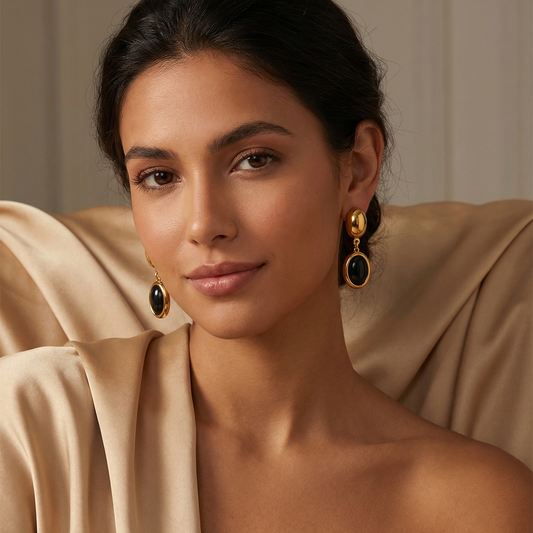 Luxury Oval Opal Drop Earrings in Gold | Elegant Stainless Steel Statement Earrings with Czech Opal