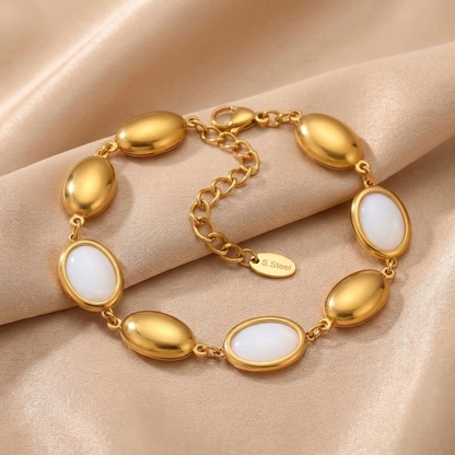 Luxury Oval Opal Link Bracelet in Gold | Elegant Czech Opal Stainless Steel Bracelet